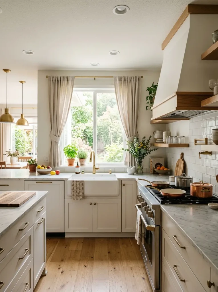 Kitchen window curtains over sink coordinated with modern range hood decor