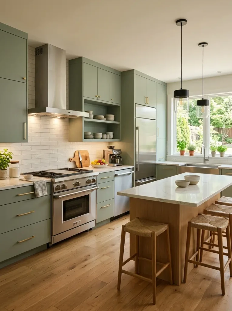 Contemporary kitchen with stainless steel range hood and modern appliances
