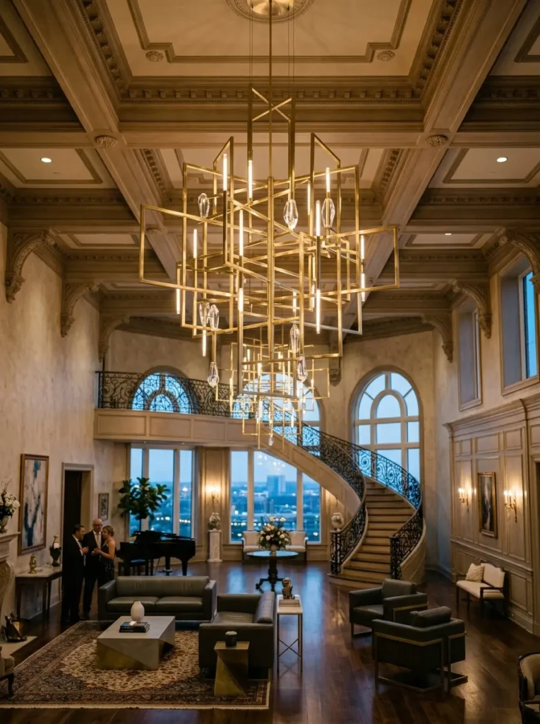 Large modern chandelier with multiple lights providing balanced illumination in a spacious room