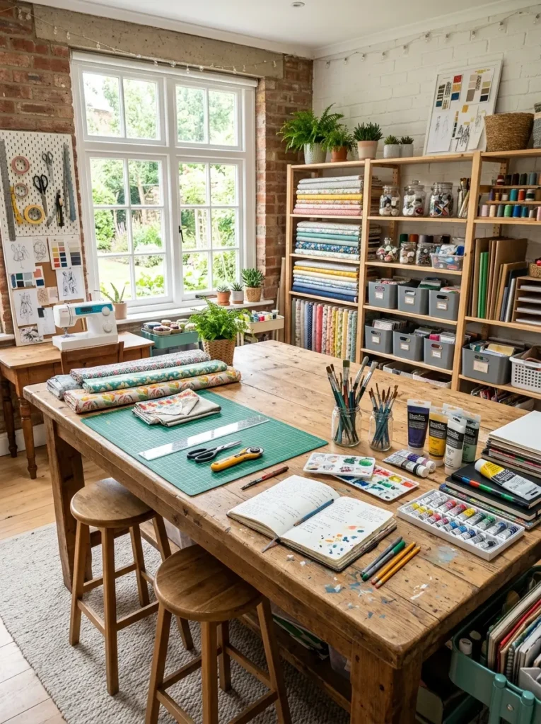 Large craft table with art supplies and organized creative workstation