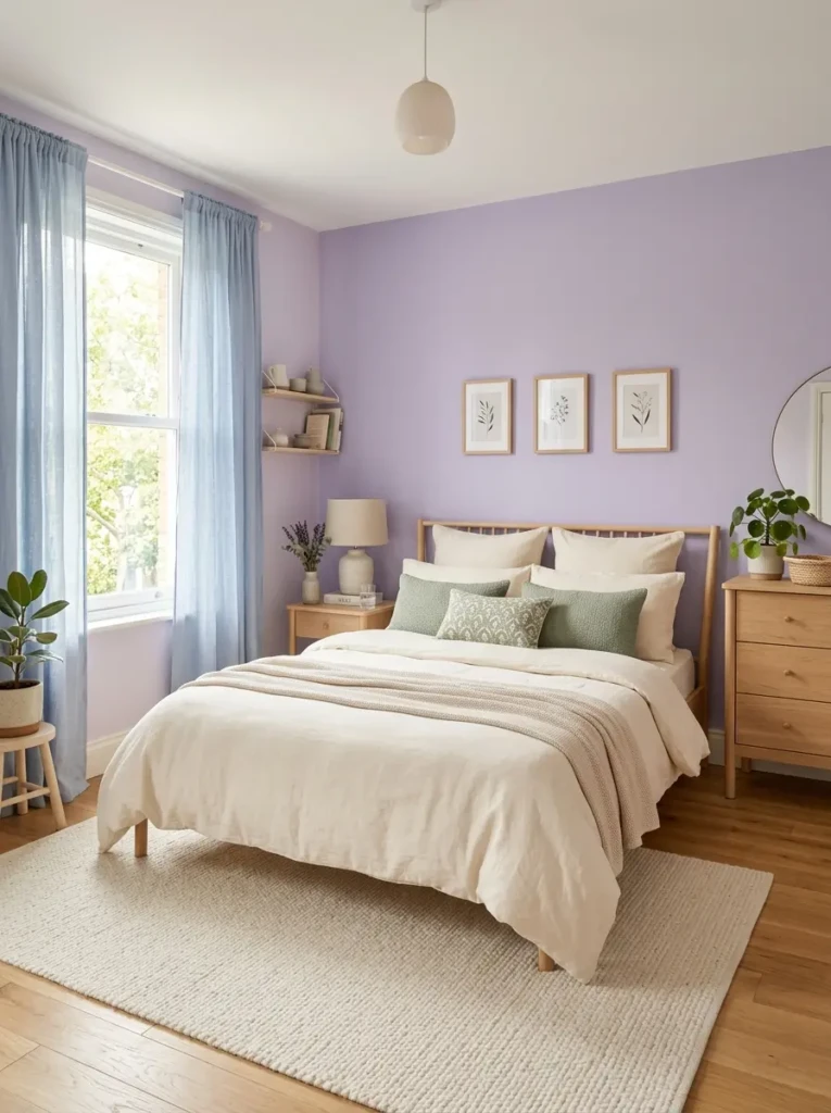 Bedroom featuring lavender, cream, and sage green pastel color combinations