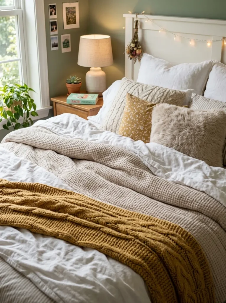 Layered teen bedroom bedding with fluffy pillows, knitted blankets, and soft textures