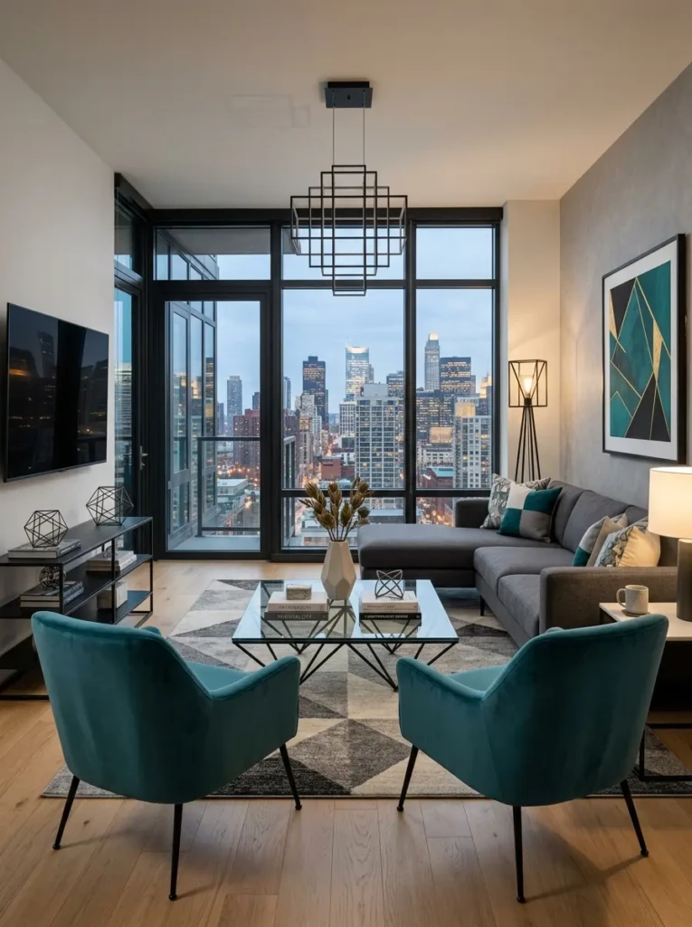 Contemporary living room featuring teal accents, minimalist furniture, and sleek decor