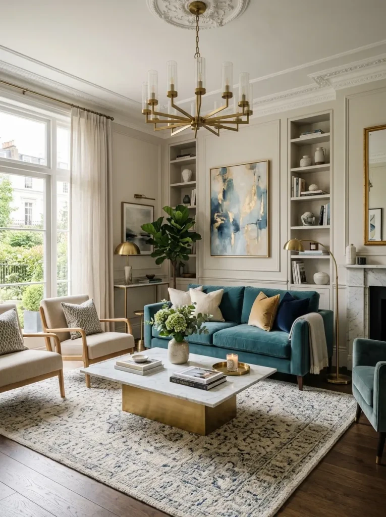 eal velvet sofa with layered textures and luxurious modern interior styling