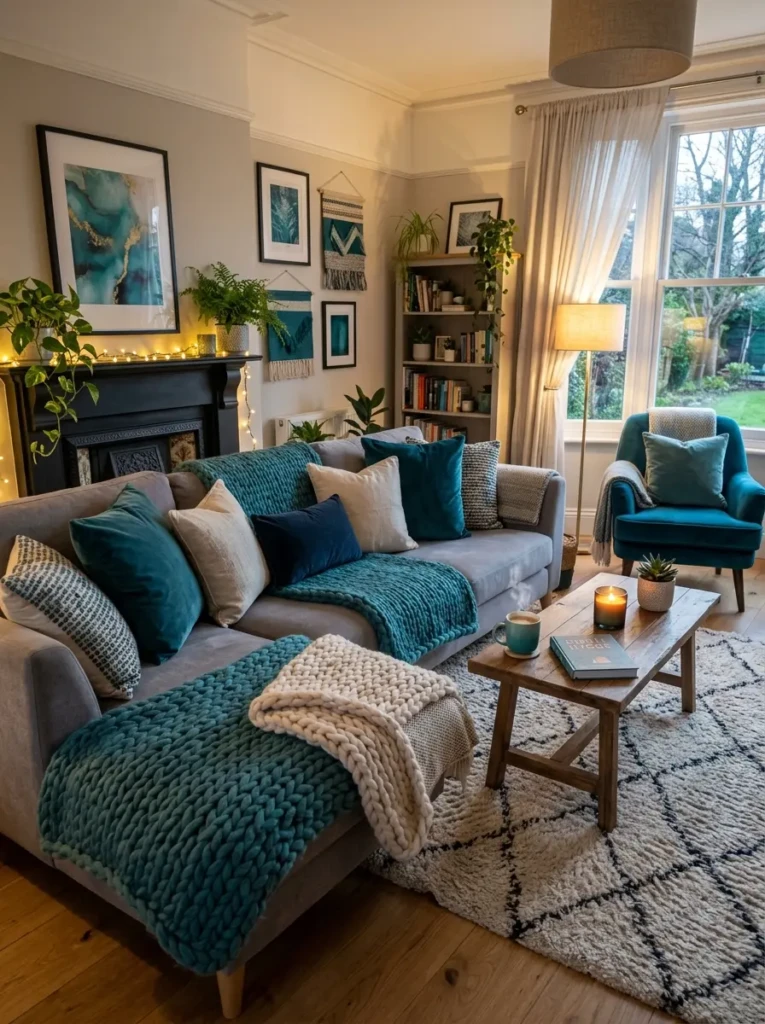 Cozy teal living room with soft textures, warm lighting, and comfortable seating area