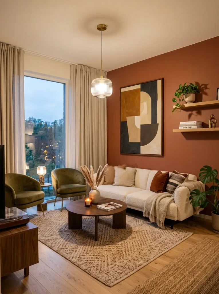 Elegant living room interior design ideas with statement wall art and warm tones