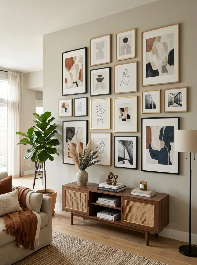 Living room with a large area rug under furniture adding warmth and style to the space