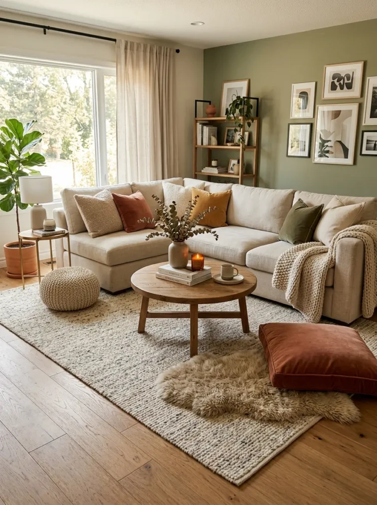 Living room arranged around a fireplace or statement artwork creating a strong focal point