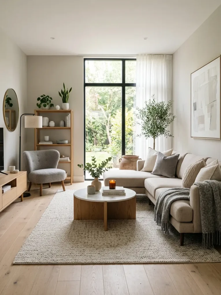 Living room decorated with beige, gray, and white tones creating a calm and modern atmosphere