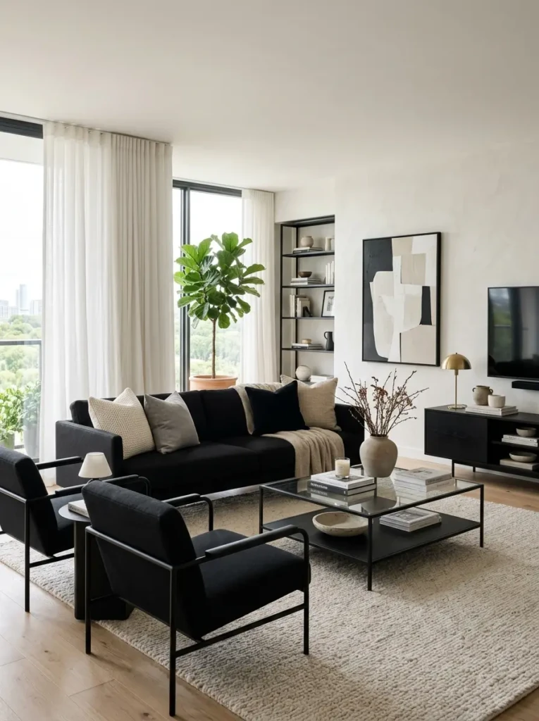 Beige and black living room with warm wood furniture and modern minimalist decor styling.