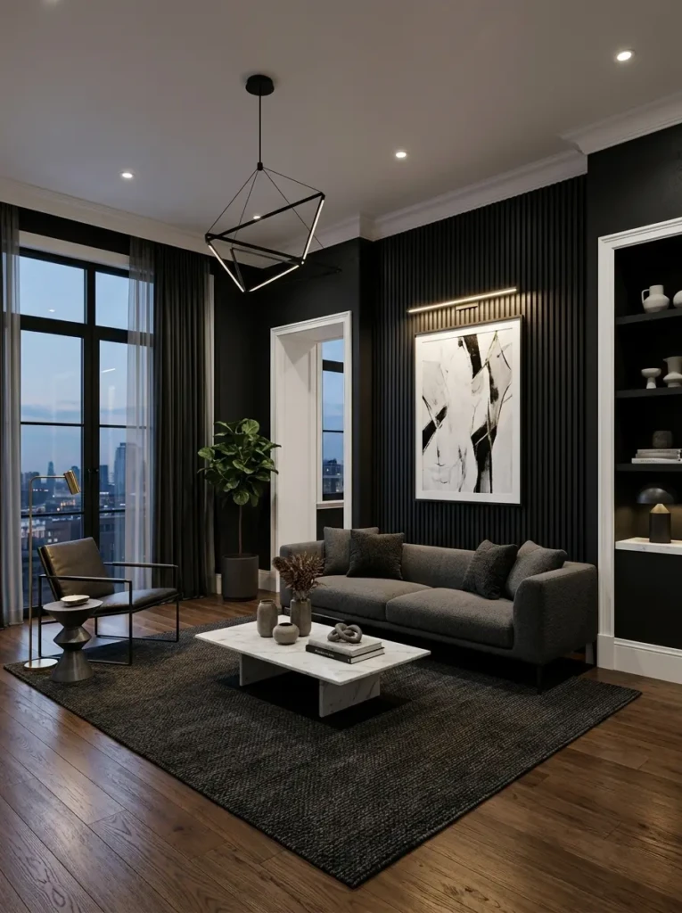 Stylish black sofa and modern black furniture arranged in a cozy contemporary living room.