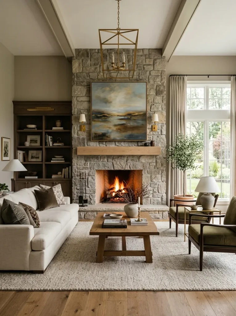 Organized living room with shelves, cabinets, and hidden storage solutions for clutter-free space