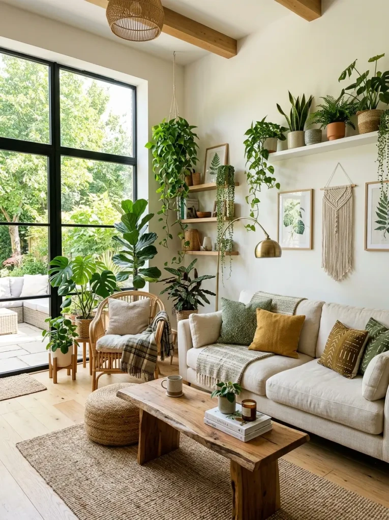 Living room styled with seasonal cushions, throws, and decor for a refreshed look