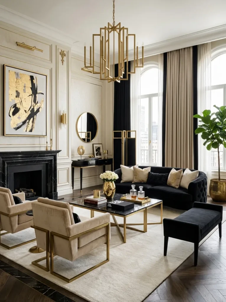 Luxury interior featuring ivory, beige, black, and gold color palette with elegant glamorous decor