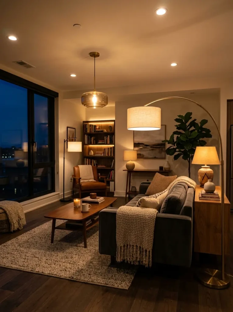 Cozy living room with soft cushions, textured throws, and layered rugs for added depth