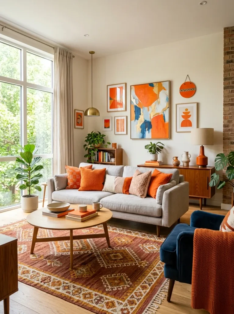Living room with orange accents, cushions, and decor creating a warm and vibrant space