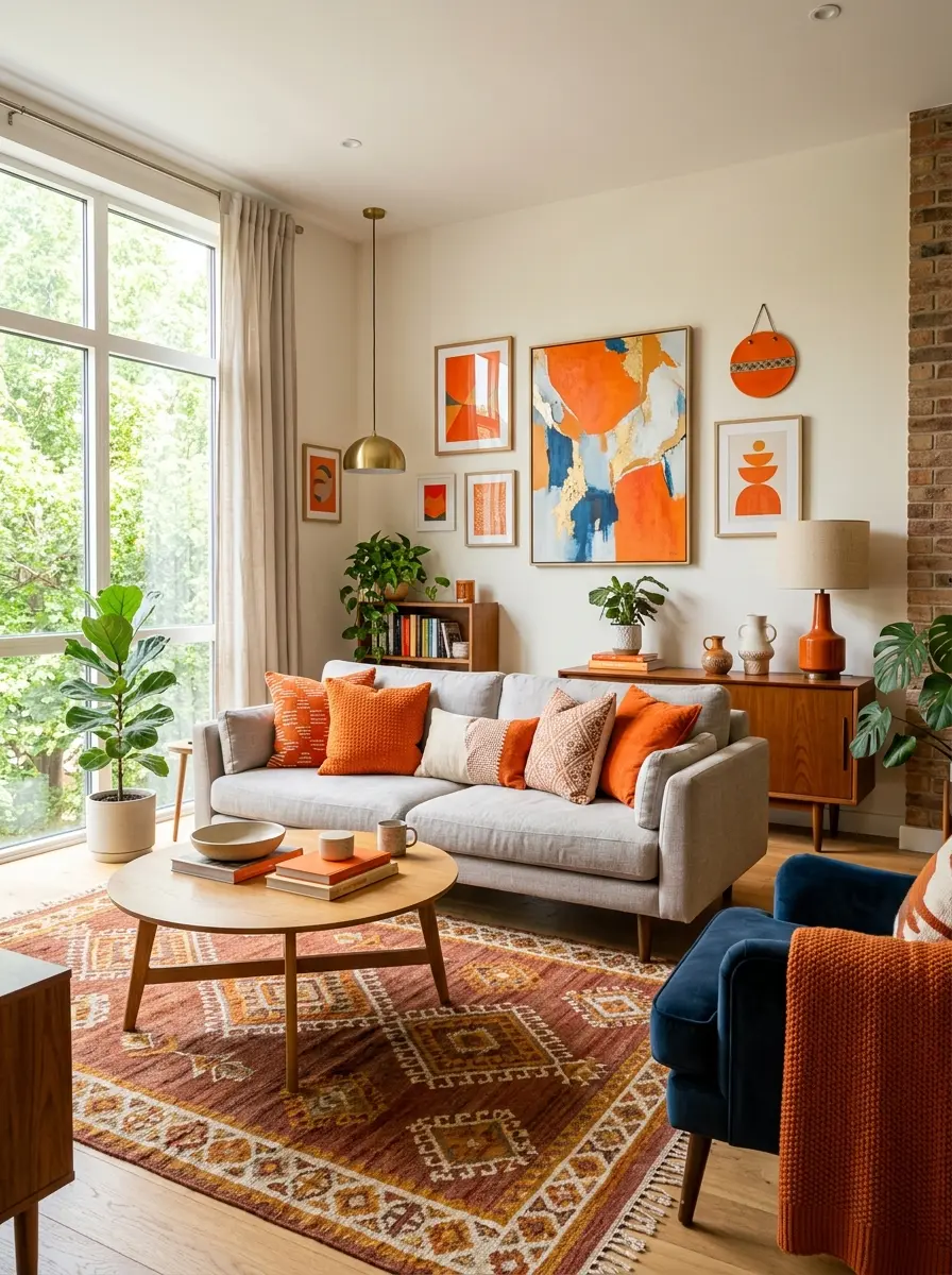 Living room with orange accents, cushions, and decor creating a warm and vibrant space