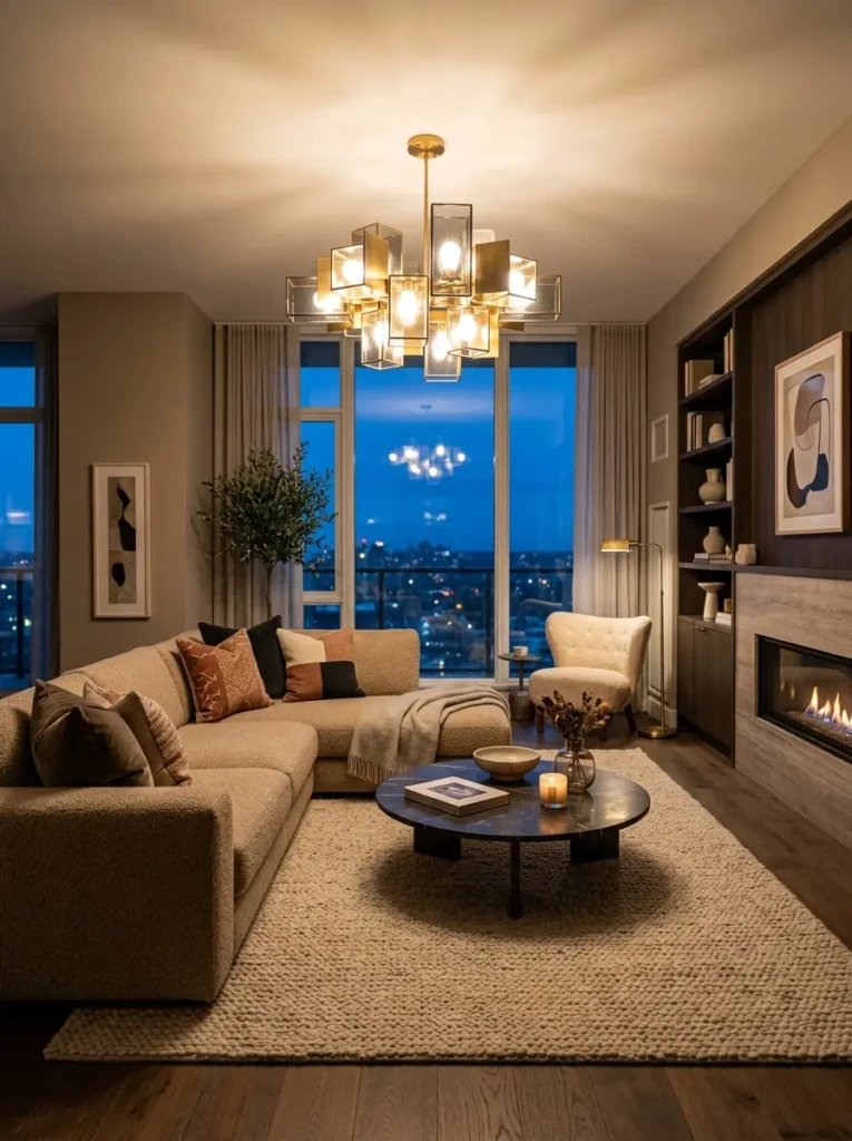 Stylish living room with a bold modern chandelier creating a cozy and luxurious atmosphere