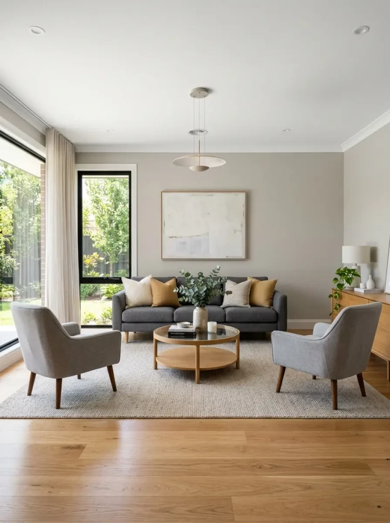 Small living room with smart furniture, mirrors, and space-saving decor solutions