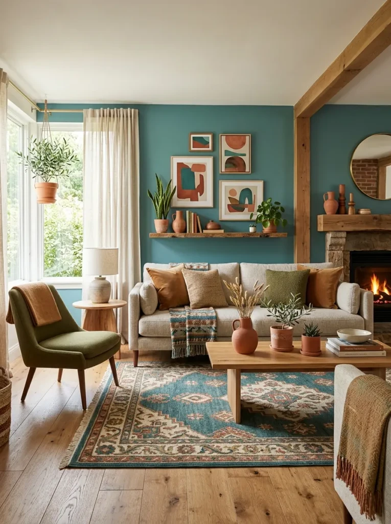 Modern teal living room combined with earthy tones and cozy natural textures
