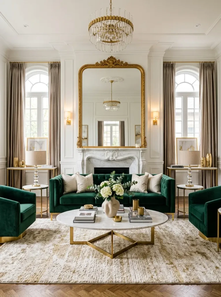 Glamorous modern living room with velvet furniture, marble coffee table, and oversized mirror
