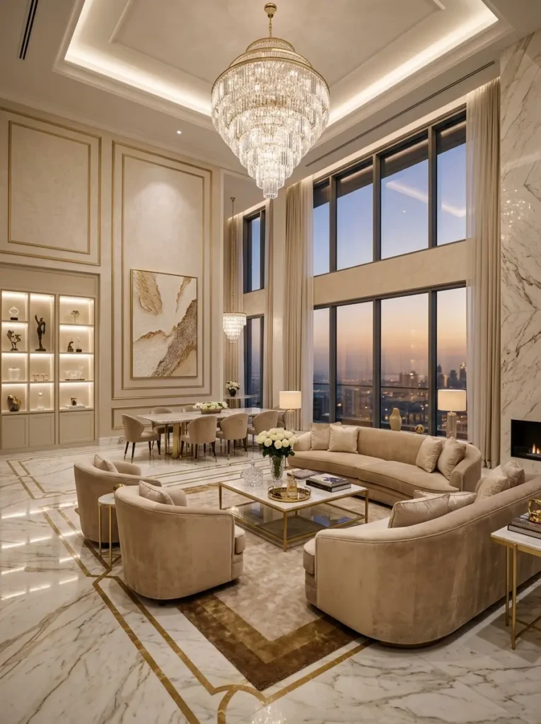 Elegant glamour home decor luxury living room with marble floors, velvet sofa, gold accents, and crystal chandelier