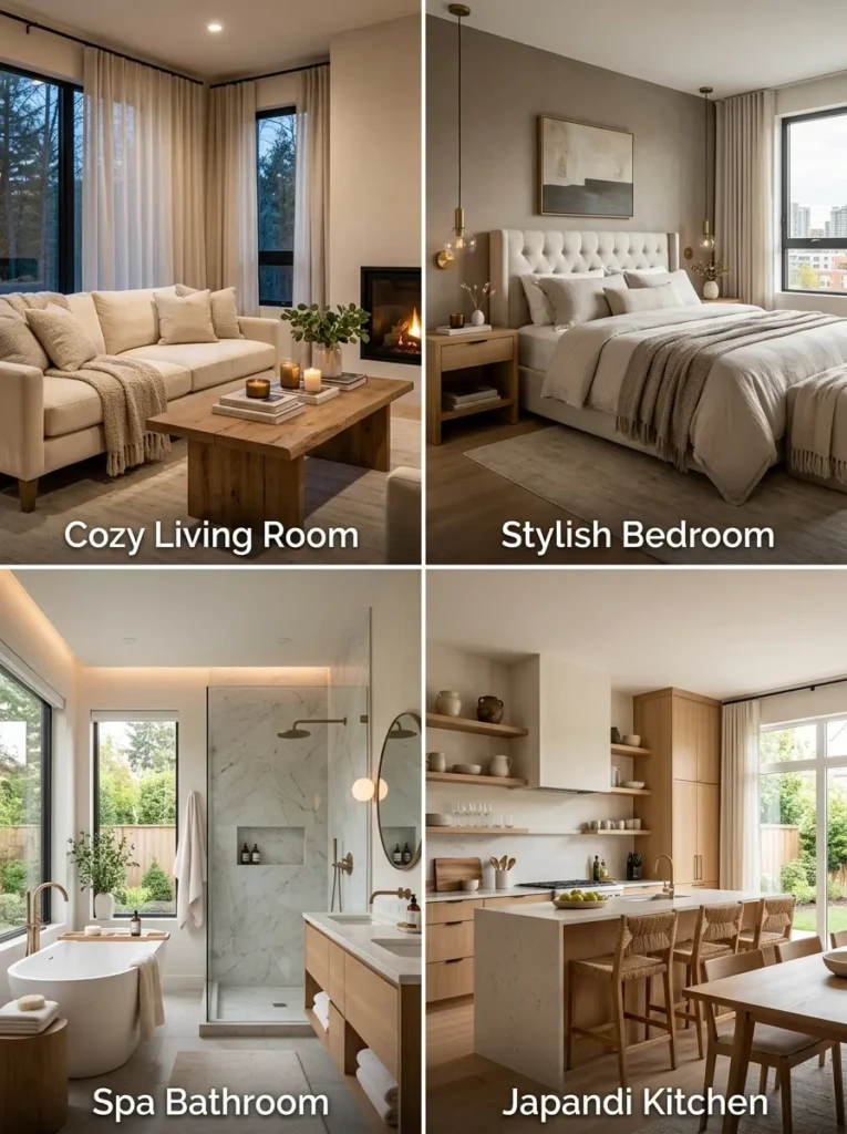 Elegant Airbnb vacation rental interior with stylish living room, bedroom, and kitchen décor