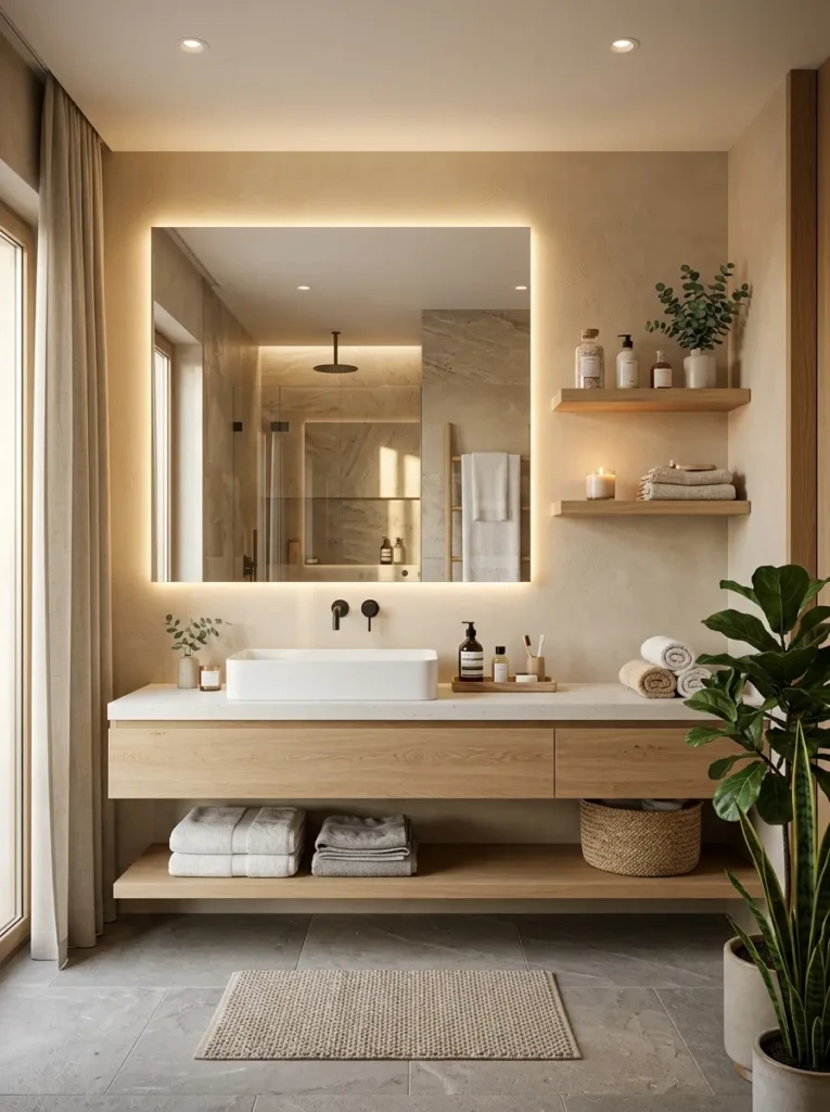 Modern bathroom interior design with frameless mirror and luxury spa atmosphere