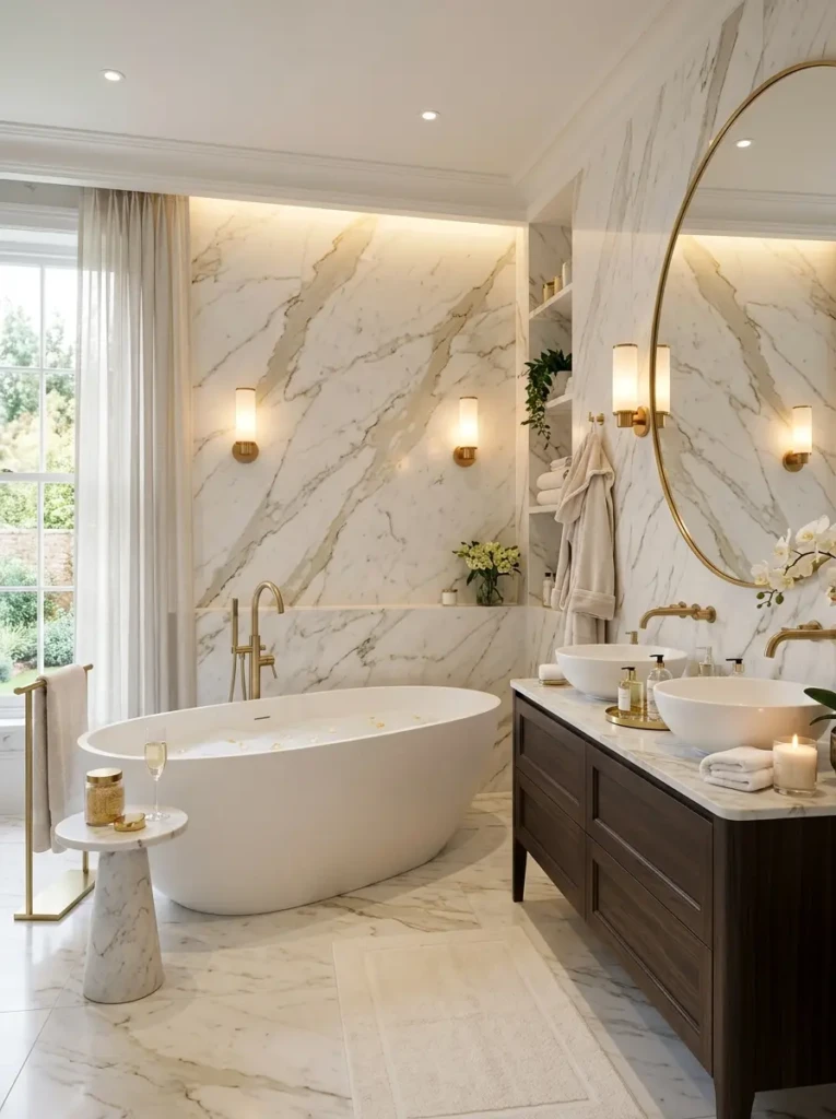 Luxury bathroom with freestanding bathtub, marble walls, gold fixtures, and elegant lighting
