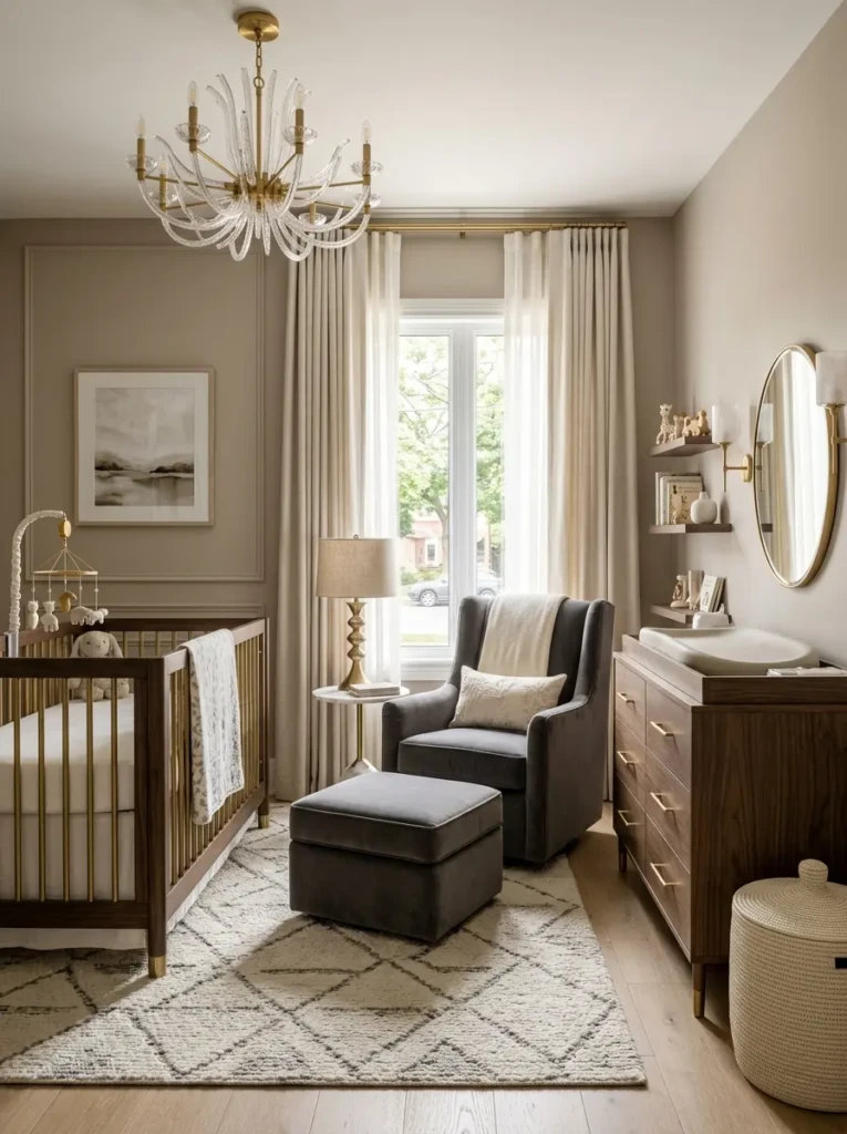Luxury baby nursery with velvet chair, gold accents, and elegant décor