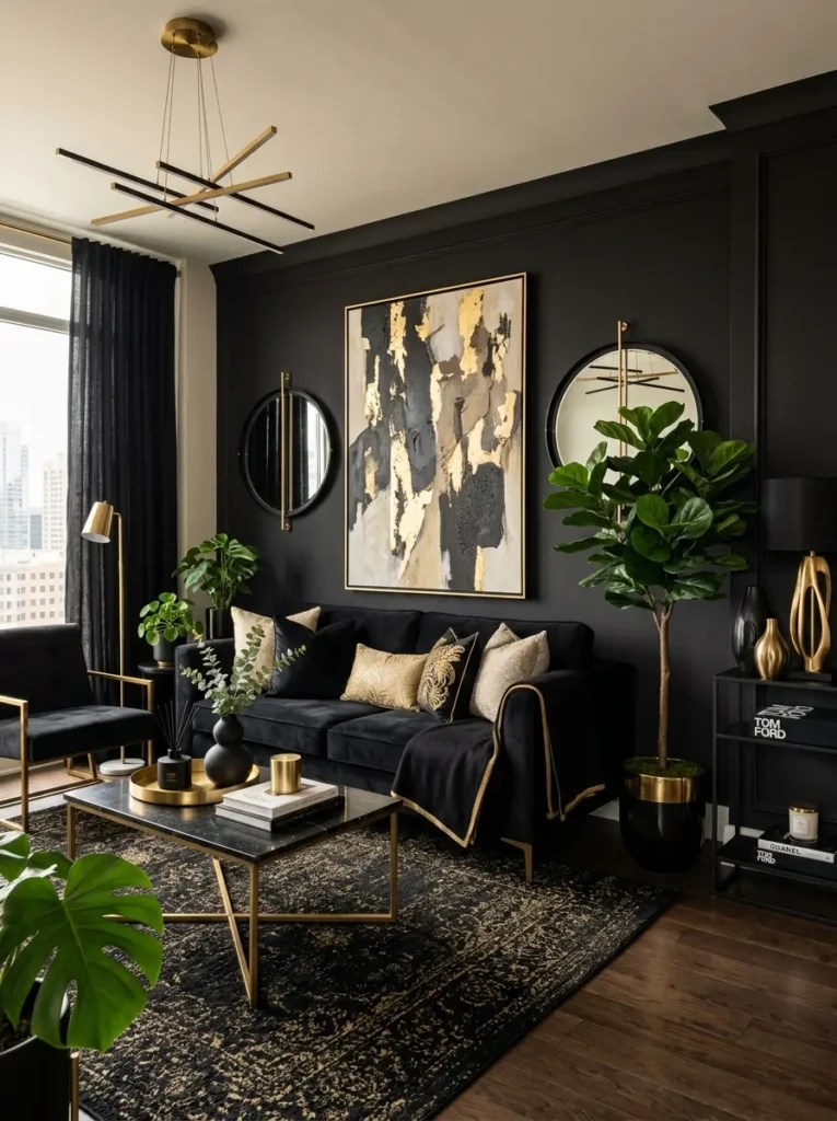 Modern black and neutral living room featuring beige rugs, white curtains, and elegant black furniture.