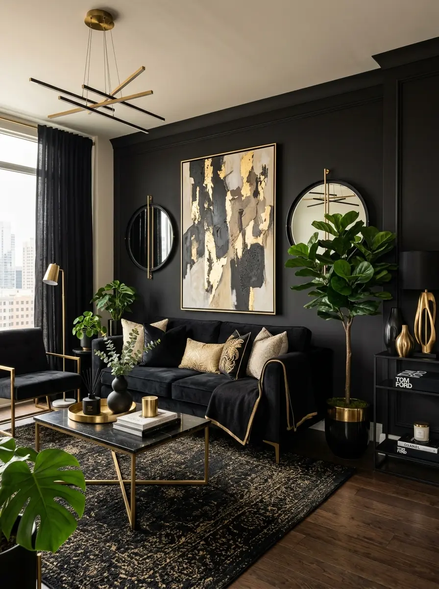 Modern black and neutral living room featuring beige rugs, white curtains, and elegant black furniture.