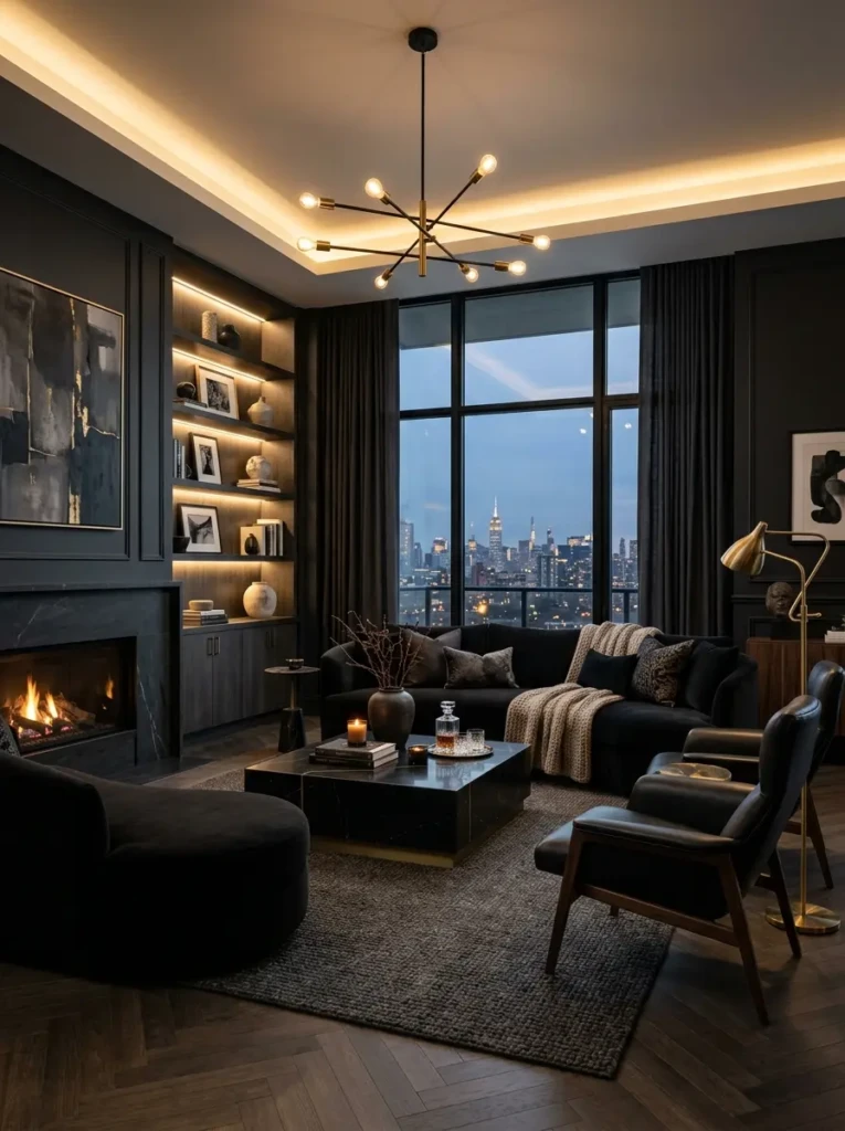 Luxurious black living room with layered textures, balanced lighting, and sophisticated modern decor.