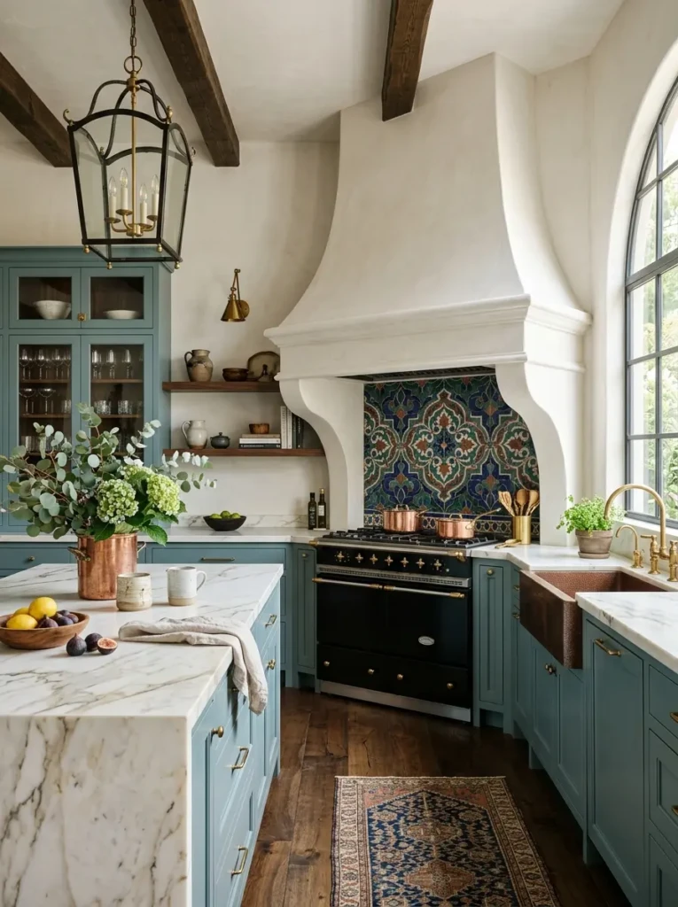 Luxury kitchen with custom plaster hood surround and designer finishes