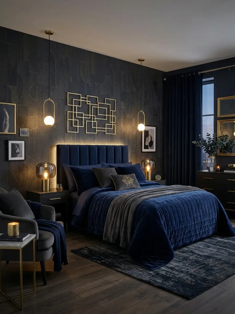 Luxurious dark wallpaper bedroom with navy tones, velvet bedding, and gold accents
