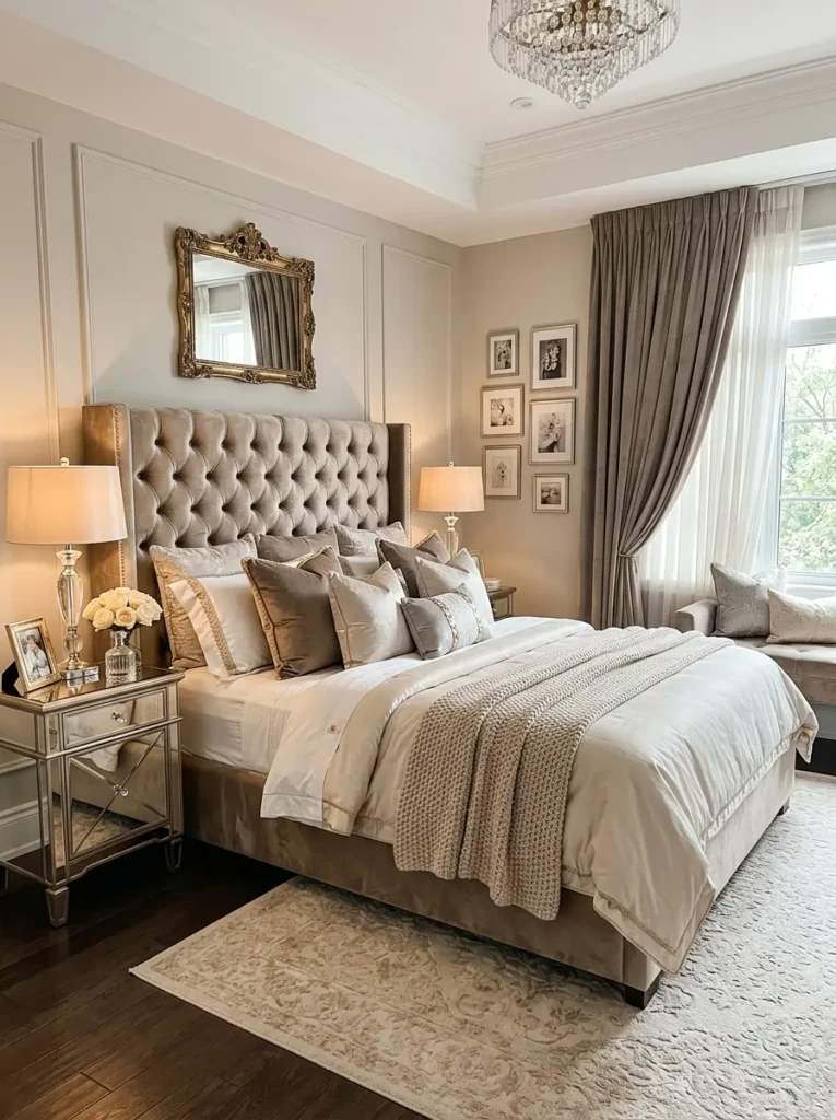 Luxury bedroom with tufted velvet headboard, layered bedding, and sophisticated neutral decor