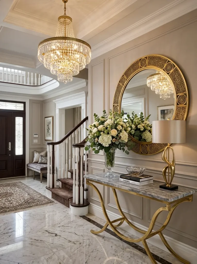 Glamorous luxury entryway with statement mirror, console table, flowers, and chandelier lighting