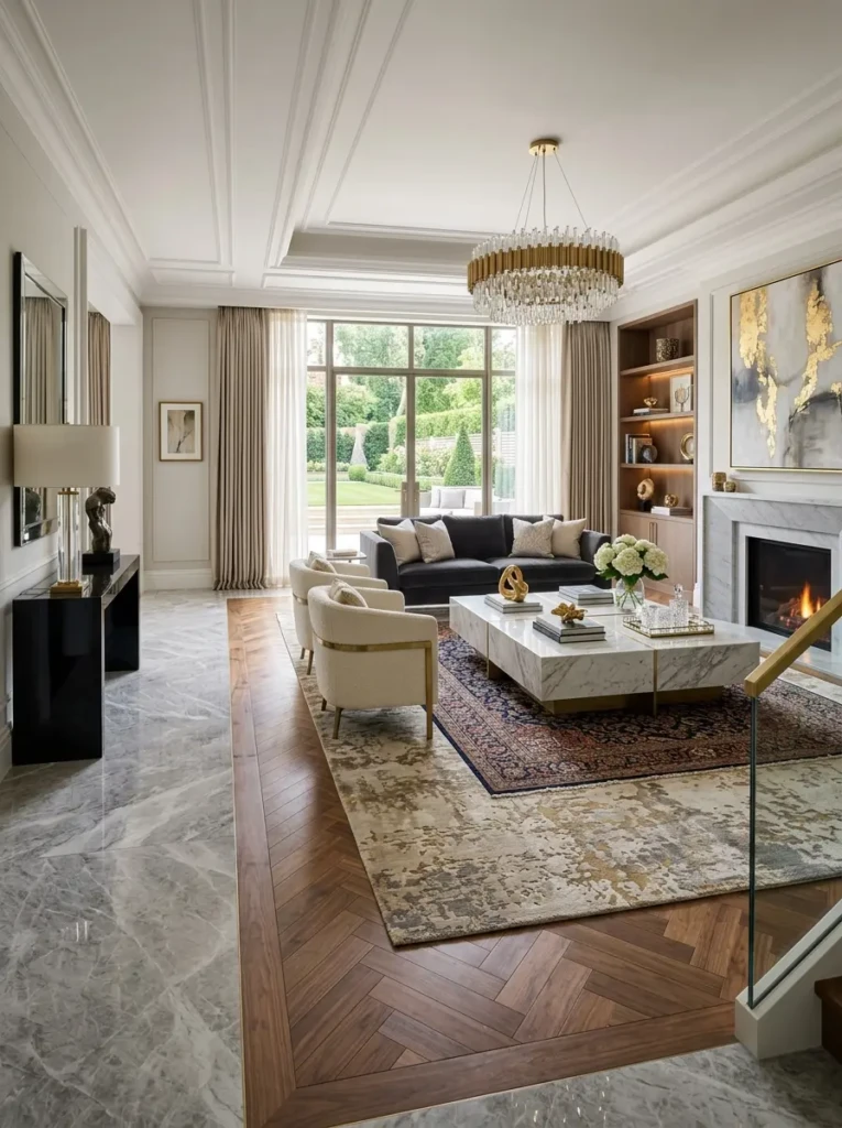 Elegant luxury home interior with marble flooring, hardwood floors, and layered area rugs