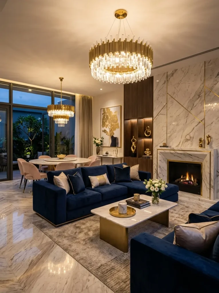 Dream luxury home interior with marble, velvet furniture, gold accents, and elegant glamorous styling