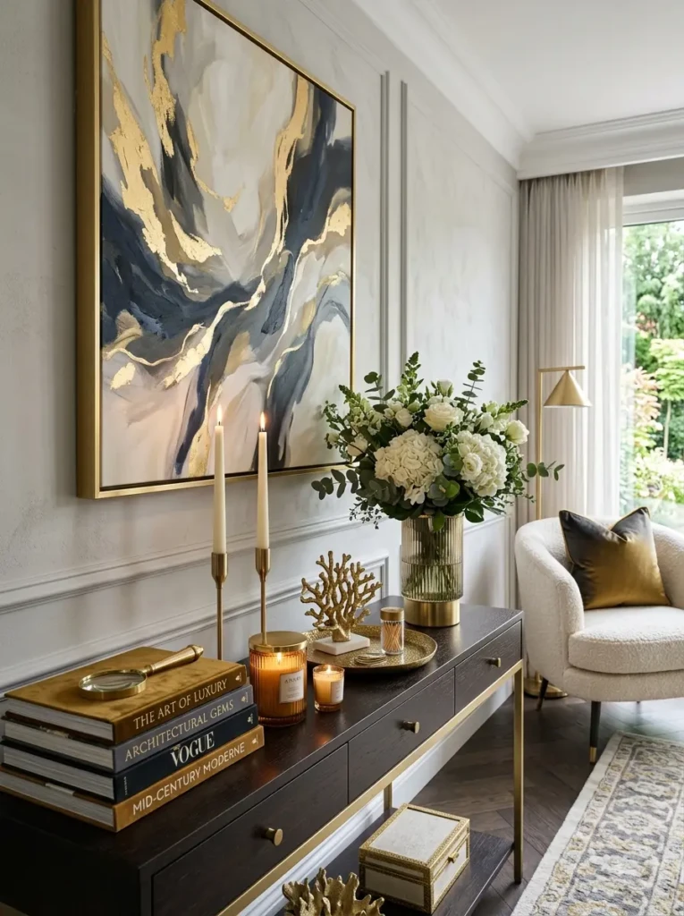 Sophisticated luxury interior styled with abstract art, candles, flowers, and decorative accessories