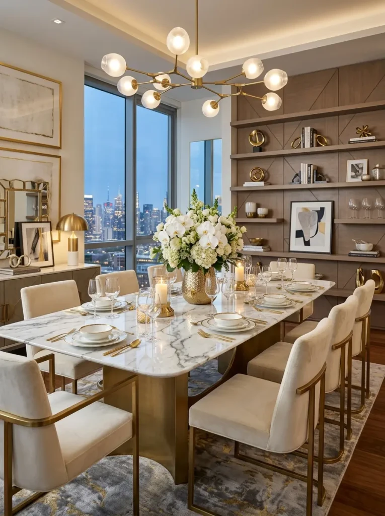 Elegant luxury interior with marble surfaces and gold metallic accents for glamorous home styling