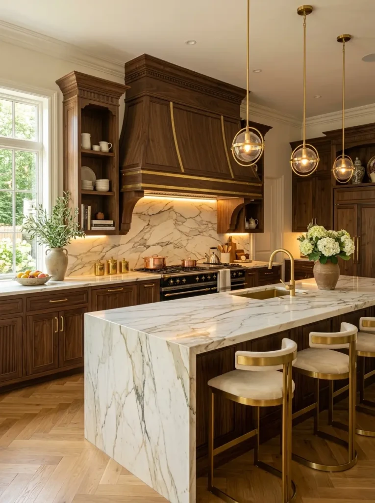 Large custom kitchen range hood with marble backsplash and luxury kitchen decor