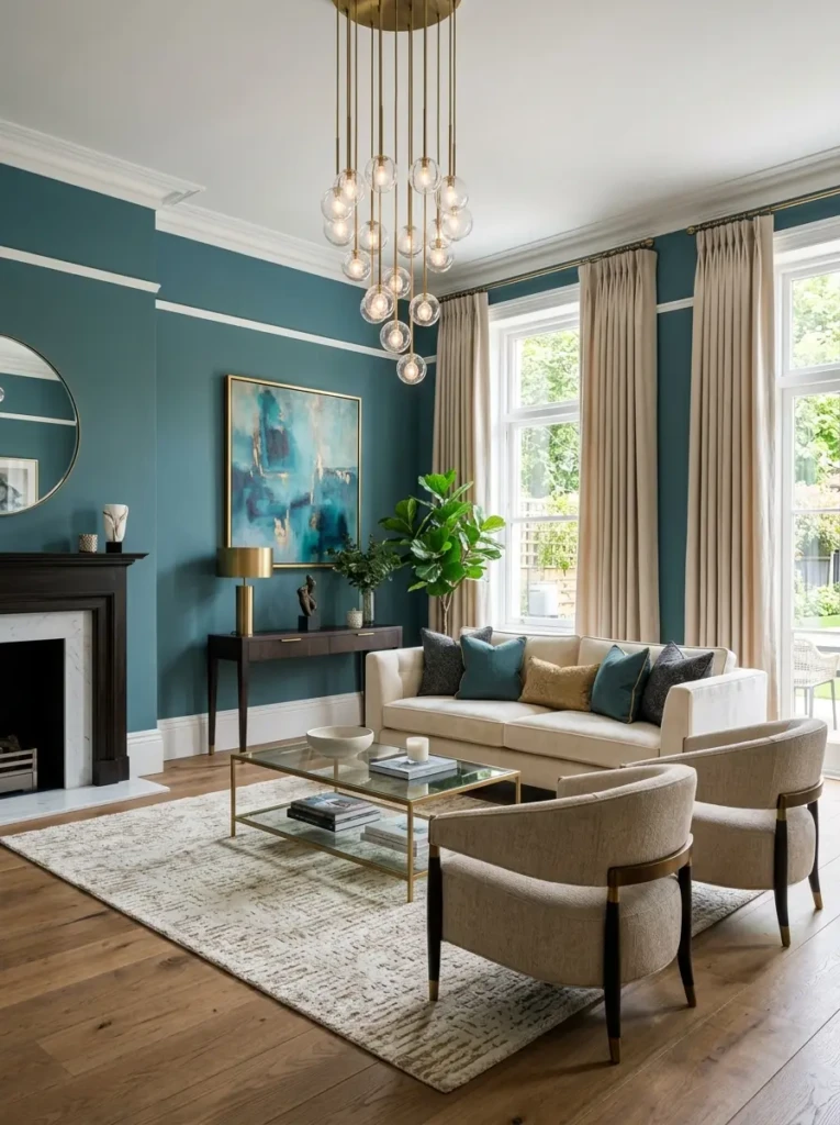 Living room featuring matte teal walls, neutral furniture, and stylish modern decor