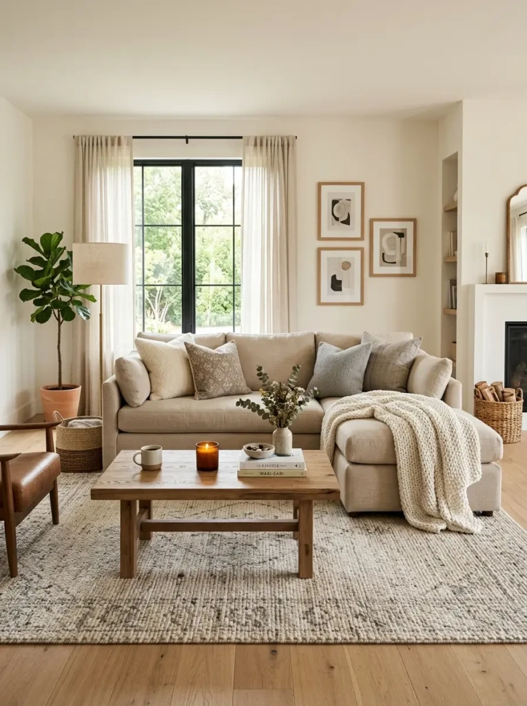 Comfortable home interior design living room with beige sofa and stylish décor