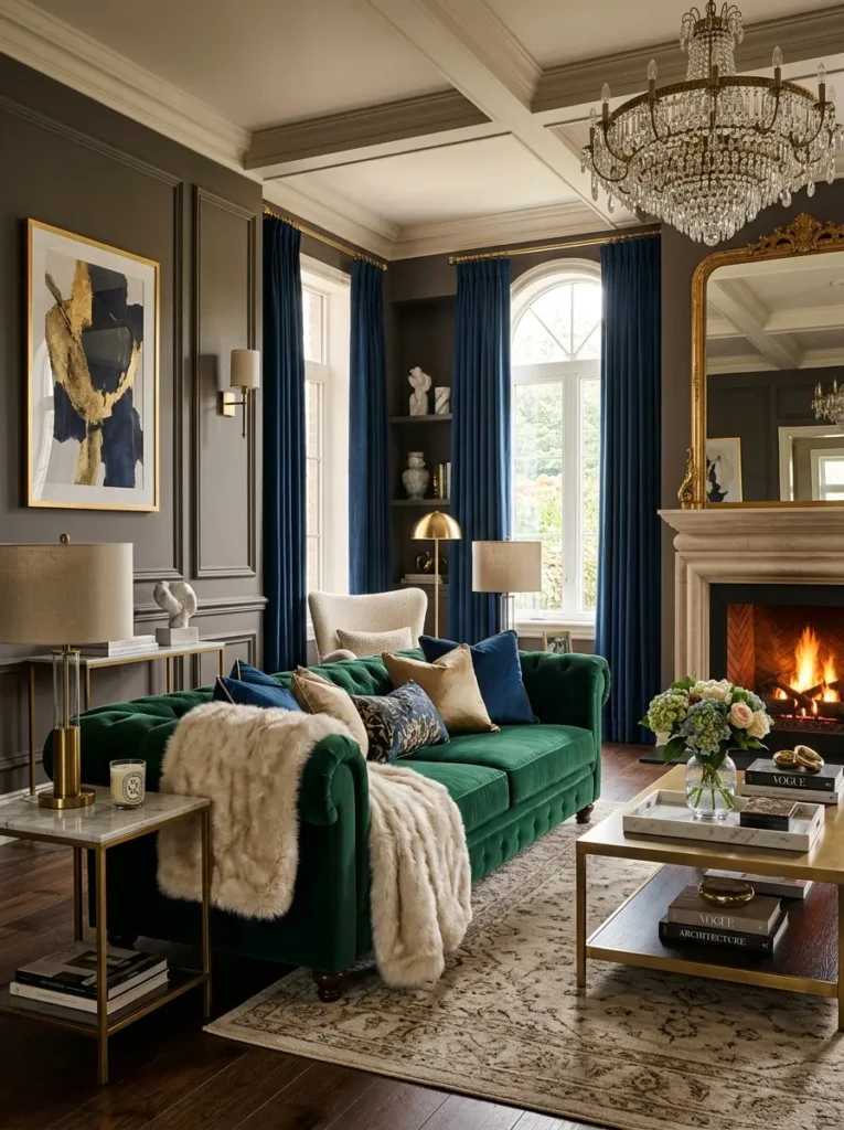 Glamorous home interior with velvet sofa, faux fur throw, silk cushions, and layered textures