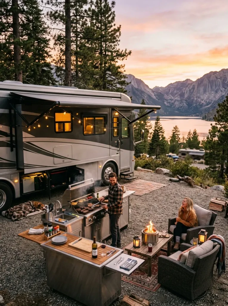 Luxury RV with fully equipped outdoor kitchen setup at scenic campsite with grill, counters, and cozy seating area