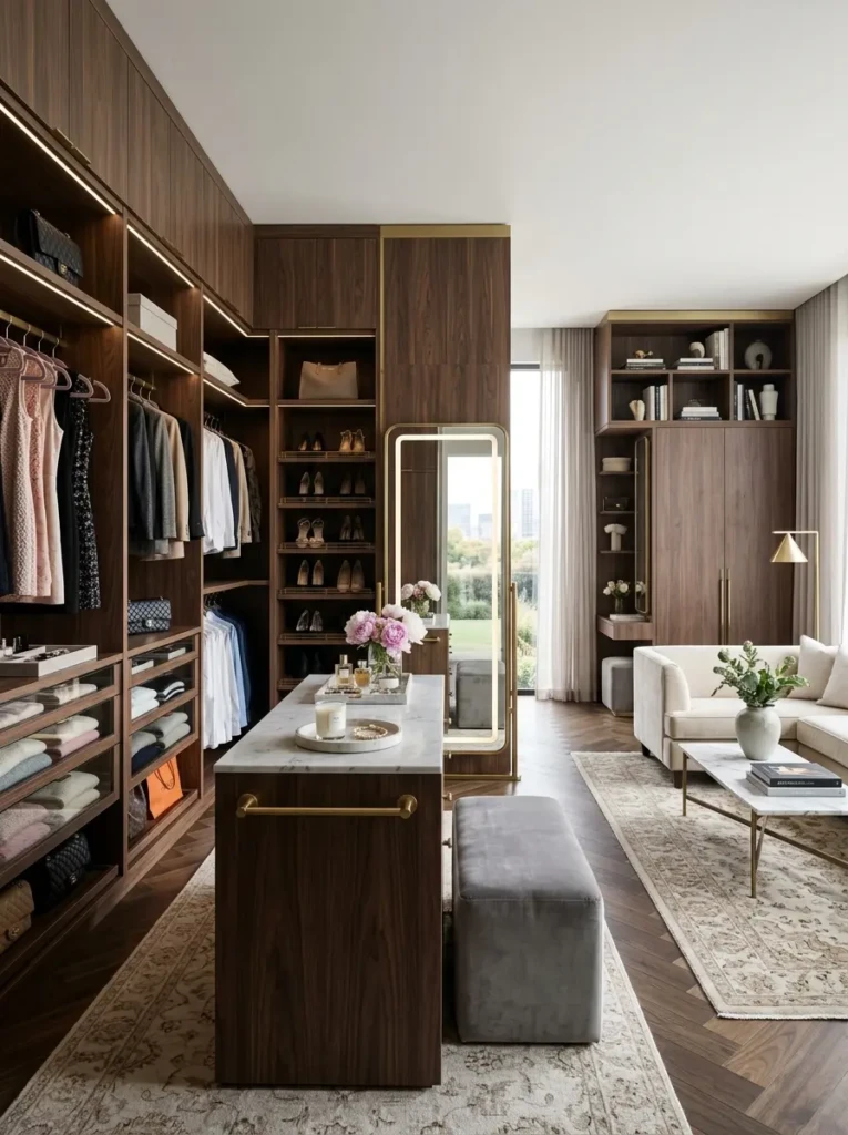 Organized luxury living space with elegant cabinetry and smart hidden storage solutions