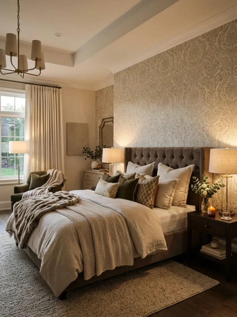 Relaxing luxury wallpaper bedroom with elegant patterns and warm ambient lighting
