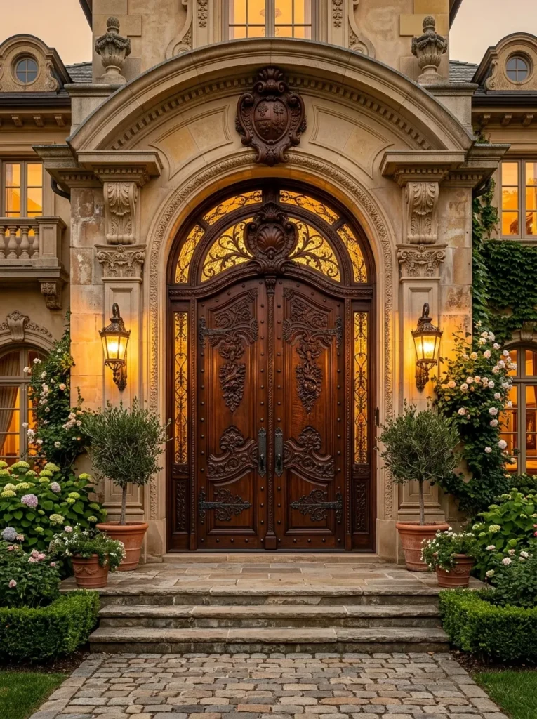 Decorative carved wooden double doors with classic luxury detailing