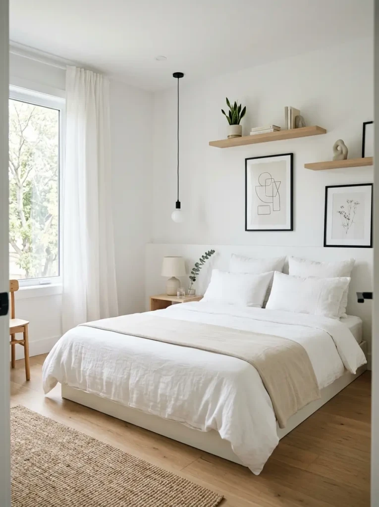 Minimalist white bedroom with simple wall art and clean styling